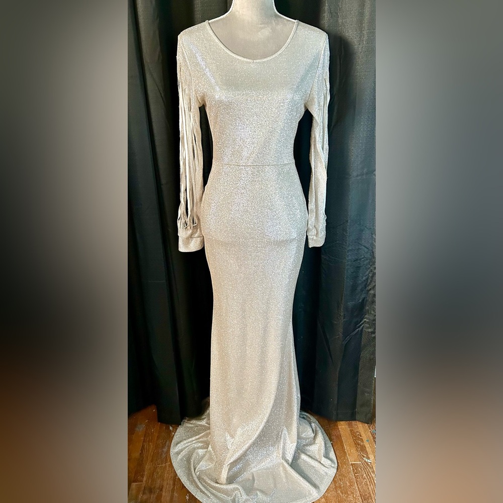 Sparkly Gold Long Ribbon Sleeve Maxi Dress, Size 2XL (May Run Small)